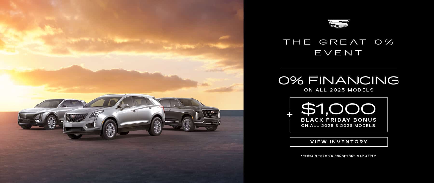 Cadillac SUV lineup with "The Great 0% Event" promo, featuring 0% financing for 2025 models.
