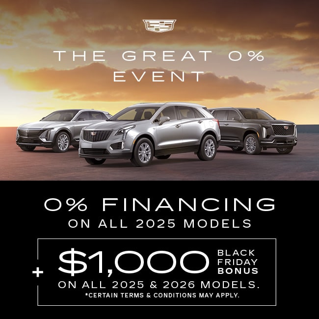 Cadillac SUV lineup with "The Great 0% Event" promo, featuring 0% financing for 2025 models.