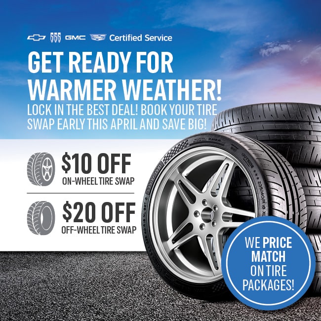 Save on tire swaps this April with $10 off on-wheel and $20 off off-wheel services. Book early!