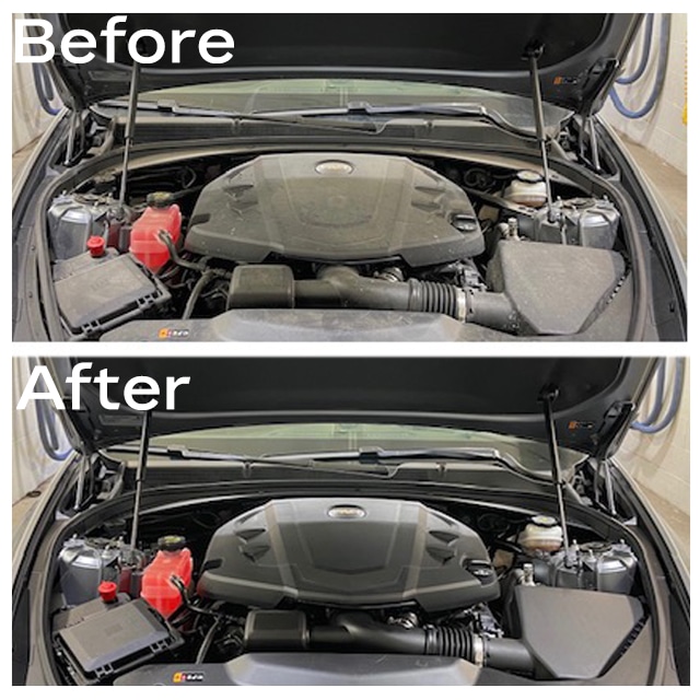 Car console before and after cleaning; shows dramatic improvement in appearance and cleanliness.