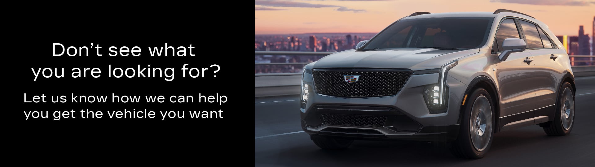 Silver SUV on a city bridge at sunset with text offering vehicle inquiry assistance.
