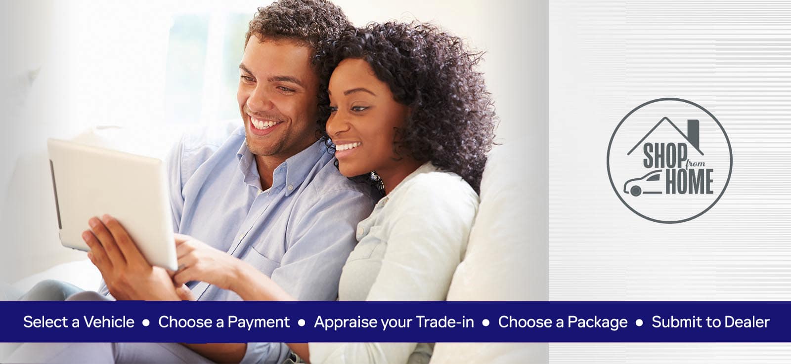 Couple shopping online with tablet, exploring car buying options from home with steps banner.