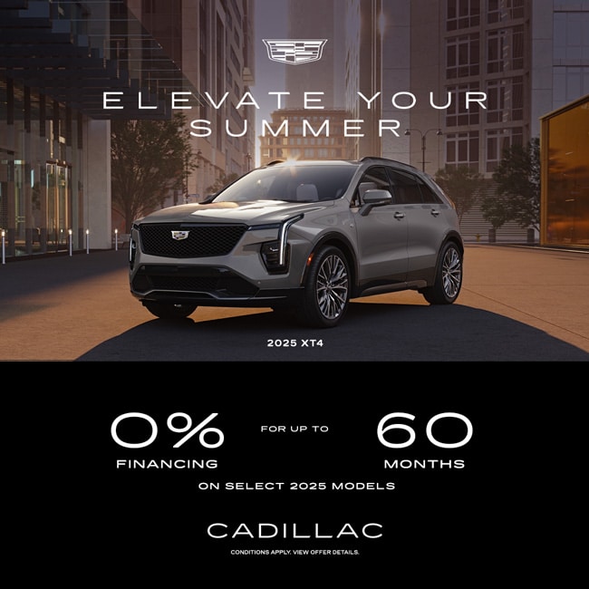 Cadillac 2025 XT4 ad promoting 0% financing for 60 months with cityscape in background.