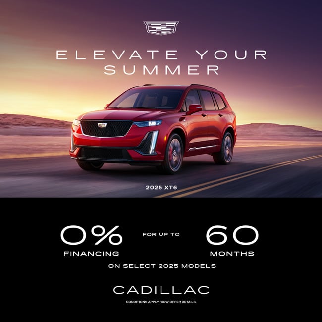Red Cadillac 2025 XT6 promotional ad with 0% financing for up to 60 months offer.