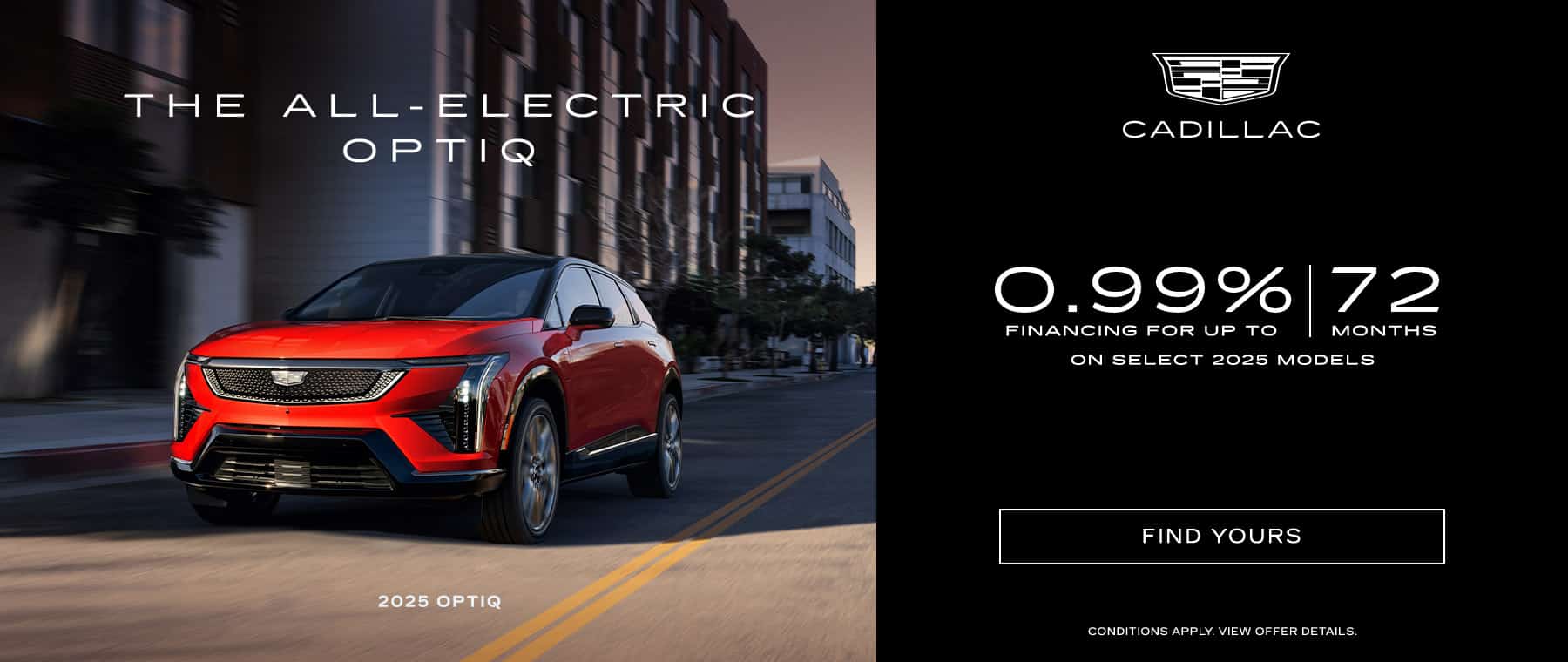 Red 2025 Cadillac Optiq showcased with 0.99% financing offer for 72 months in urban setting.