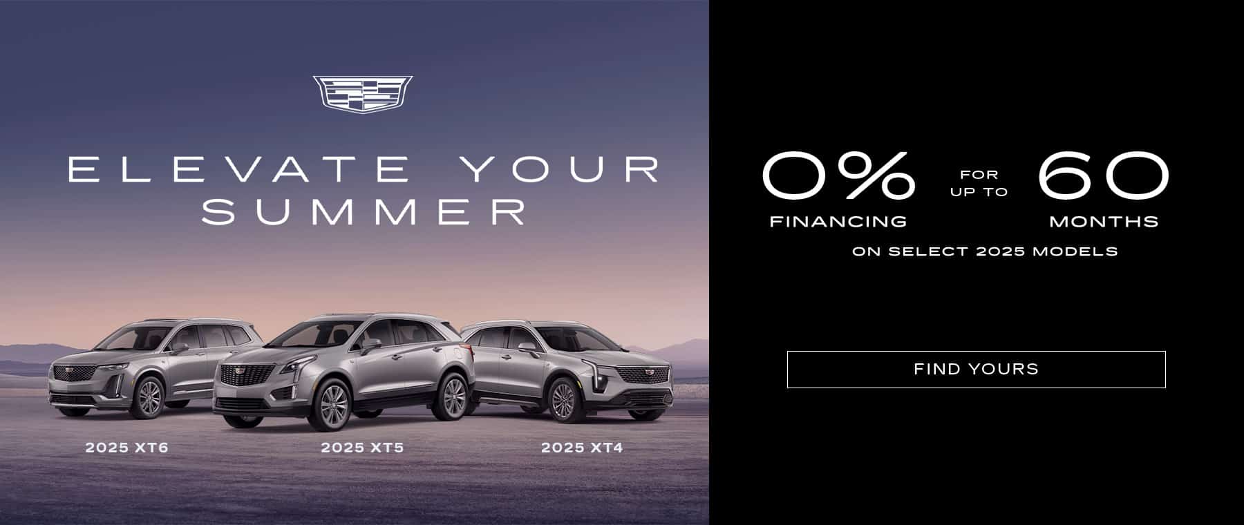 Cadillac SUV lineup with "Elevate Your Summer" promo, featuring 0% financing for 2025 models.