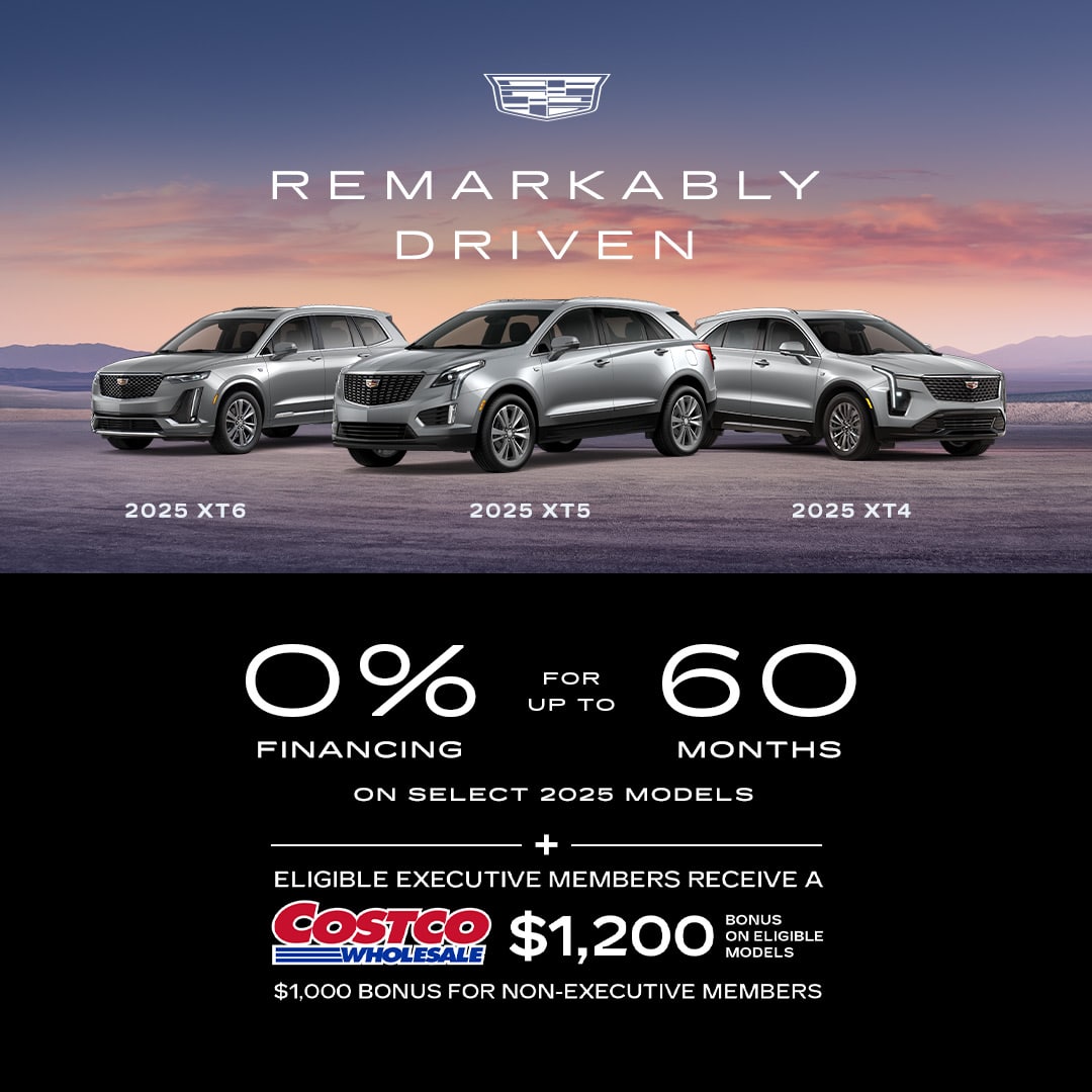 Red 2025 Cadillac Optiq driving in city with 0.99% financing offer for up to 72 months highlighted.