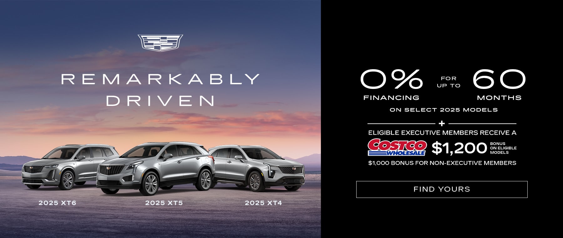 Cadillac SUV lineup with "Elevate Your Summer" promo, featuring 0% financing for 2025 models.