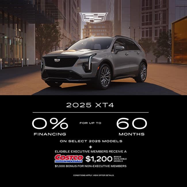 Cadillac 2025 XT4 ad promoting 0% financing for 60 months with cityscape in background.