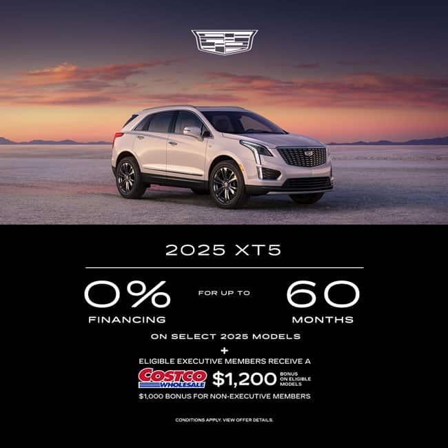 Cadillac ad featuring 2025 XT5 SUV with 0% financing for up to 60 months offer. Scenic sunset background.