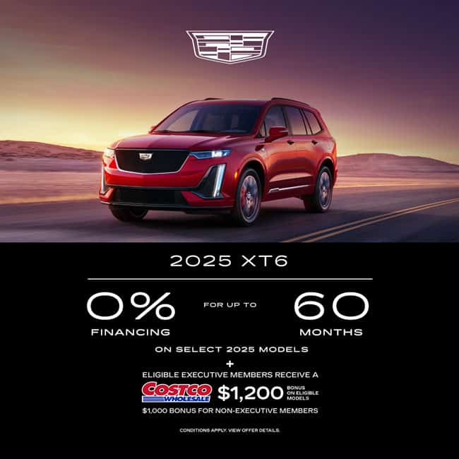Red Cadillac 2025 XT6 promotional ad with 0% financing for up to 60 months offer.