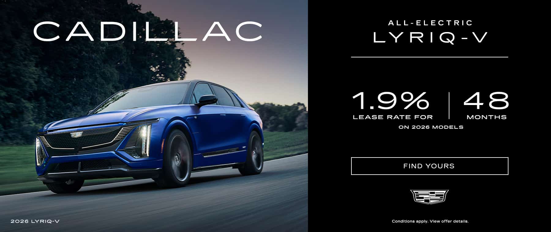 2026 Cadillac Lyriq-V in blue on road, featuring 1.9% lease rate for 48 months on screen.
