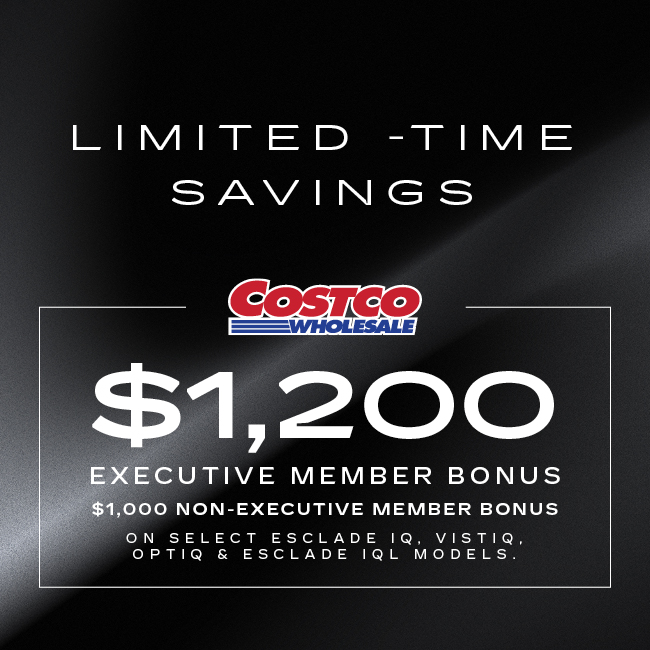 Cadillac promotion offering no payments for up to 90 days on financing. Three SUVs are displayed.